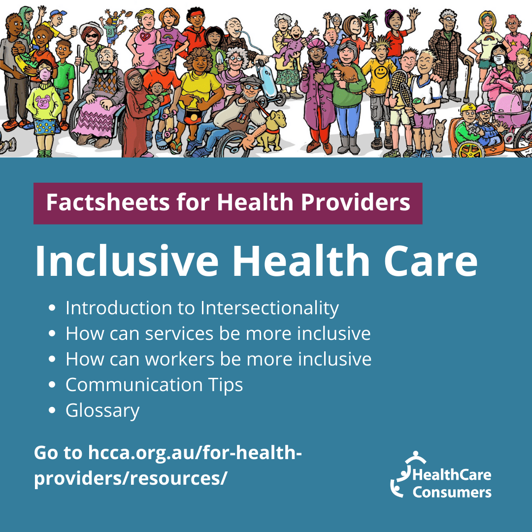 A banner with cartoons of people above text that says Inclusive Health Care with a list of resources available at hcca.org.au/for-health-providers/resources