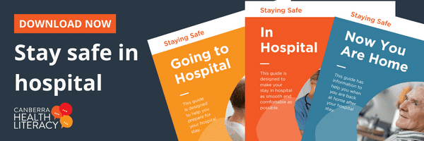 A banner that says download now next to an image of the 3 Staying Safe booklets called Going to Hospital, In Hospital and Now You Are Home