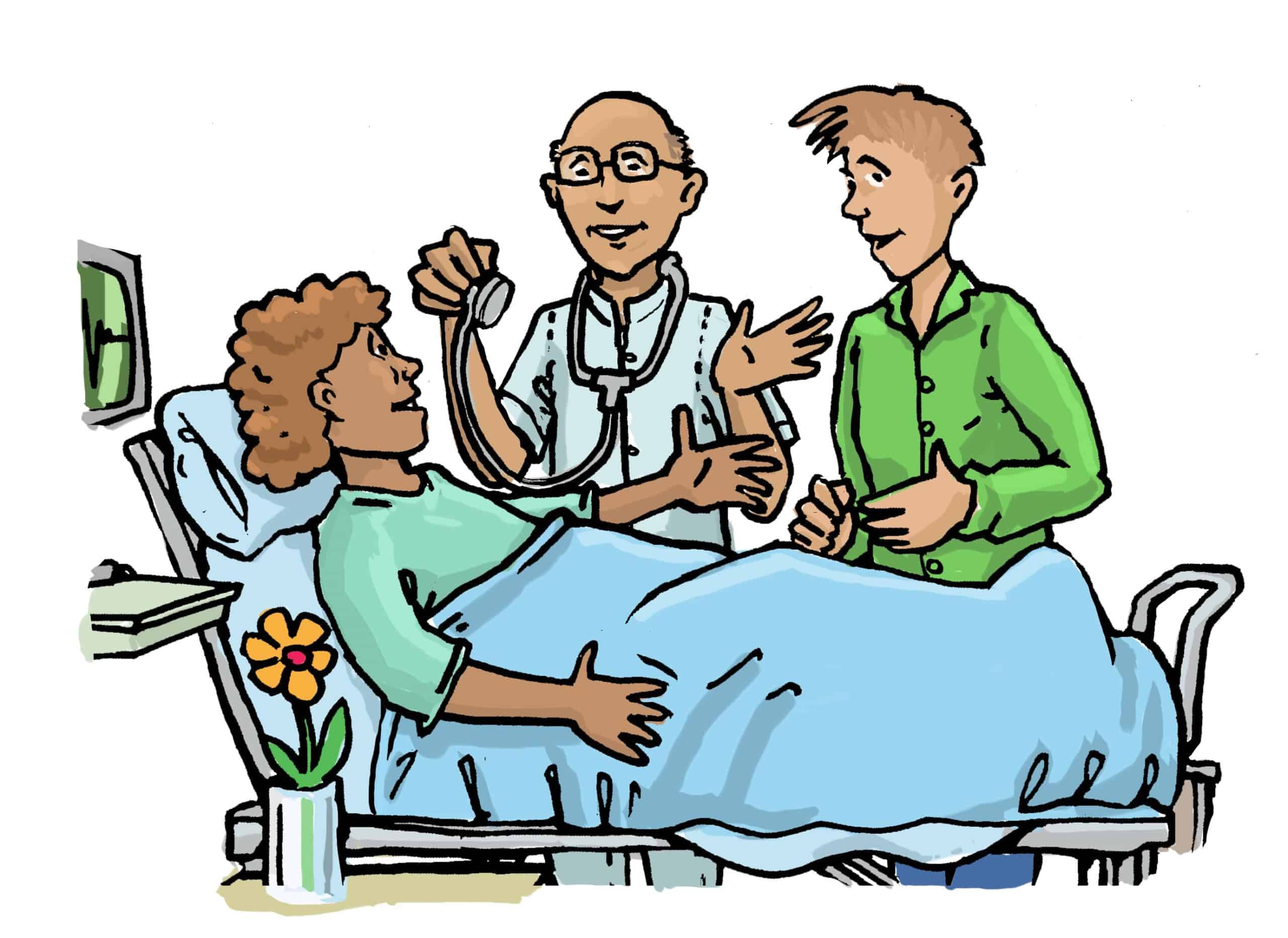A drawing of a person in a hospital bed talking with their doctor and their carer